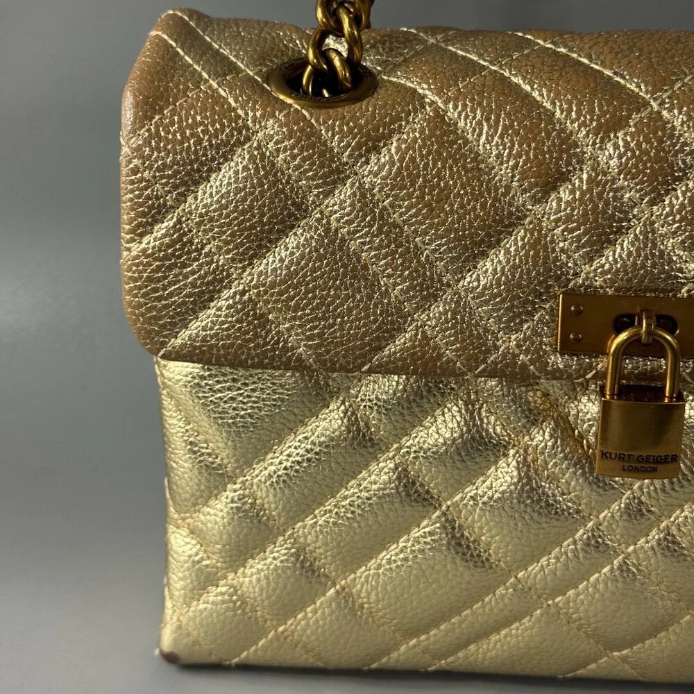 KURT GEIGER LONDON BRIXTON Metallic Gold Quilted Leather Pad Lock Shoulder Bag - Picture 2 of 12
